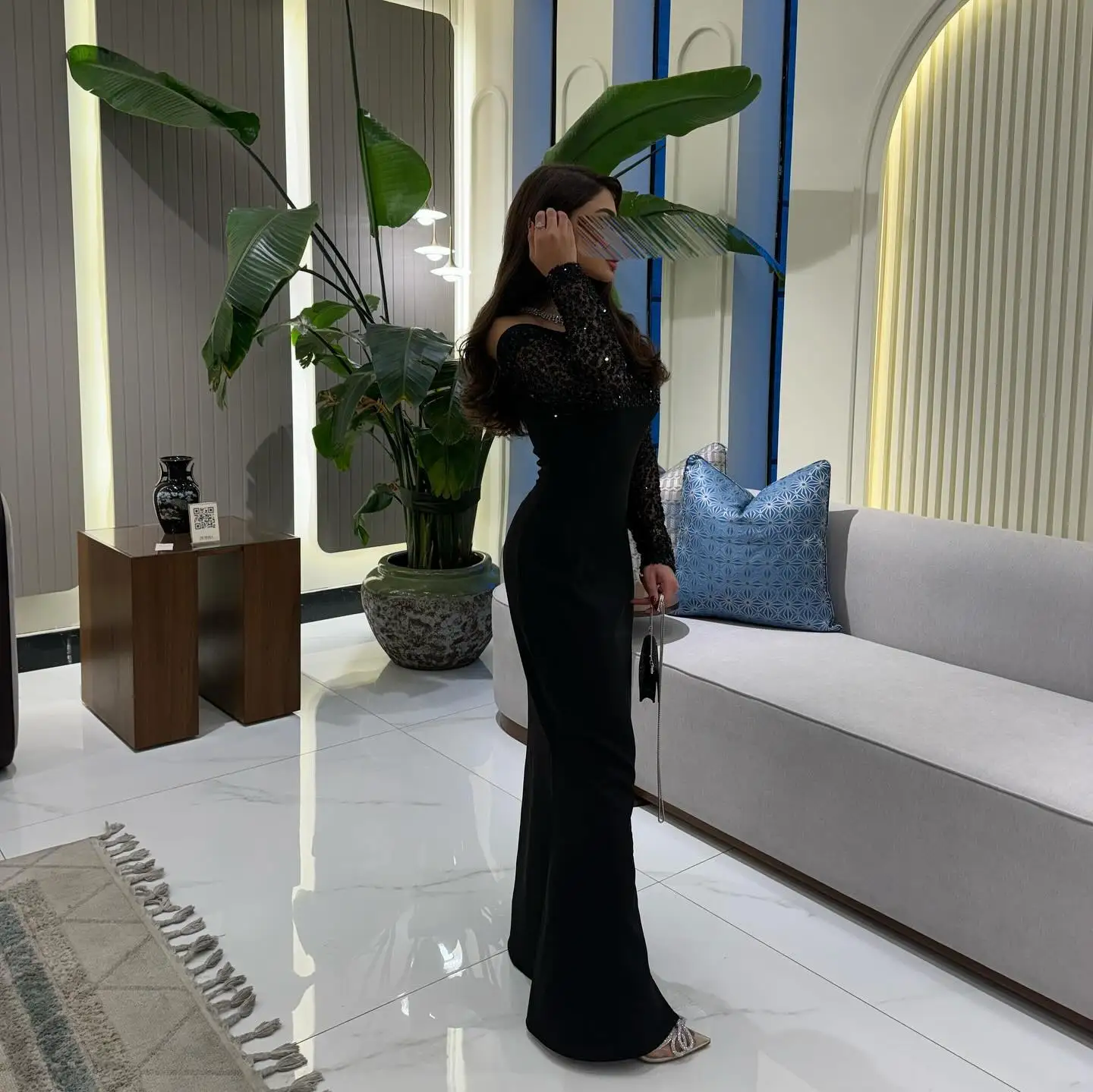 사용자 정의 블랙 저지 이브닝 드레스 클래식 보트 넥 오프 어깨 긴 소매 댄스 파티 드레스 크리스탈 레이스 파티 드레스