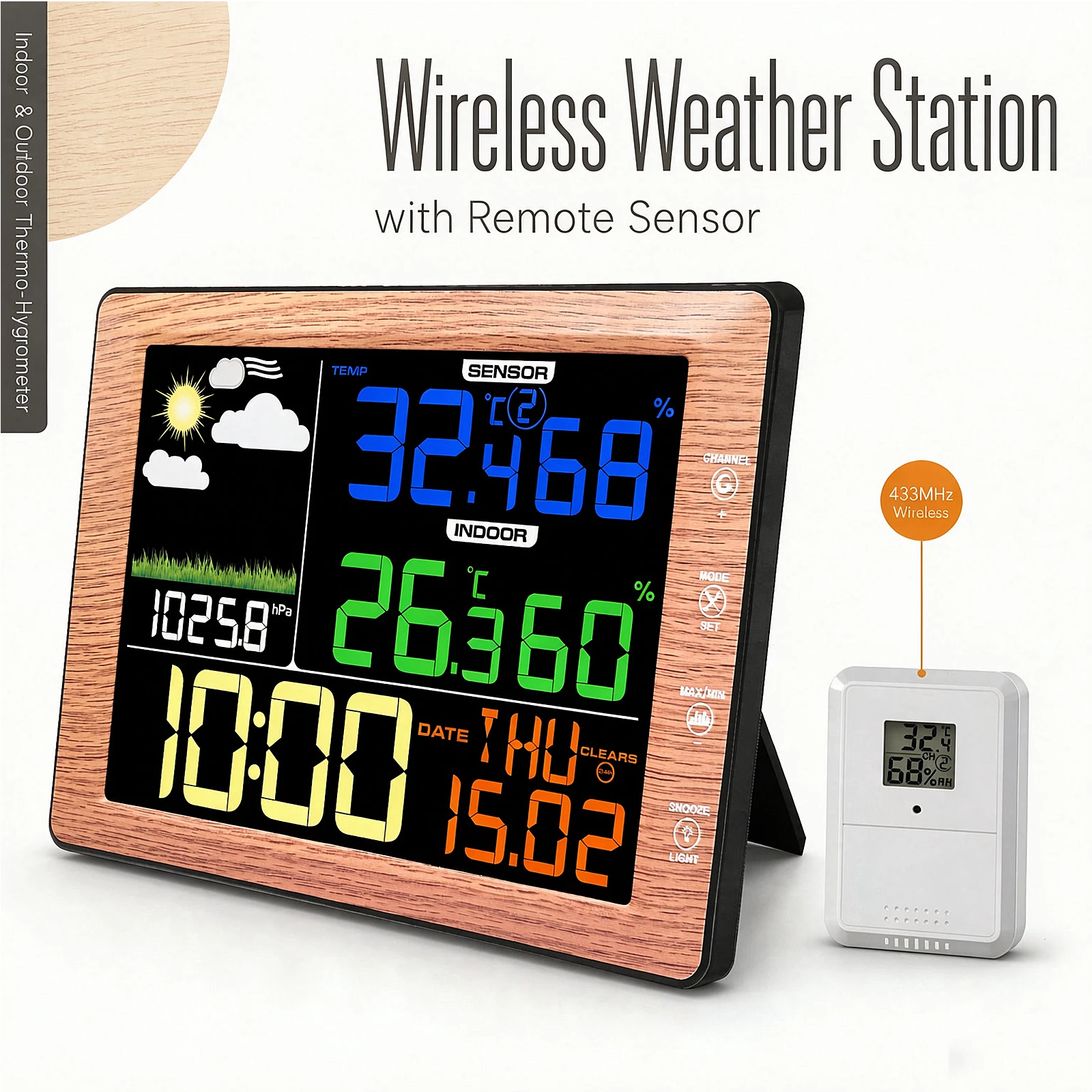 Wireless Weather Station Color Display Indoor Outdoor Thermometer Hygrometer Barometer Weather Forecast with Remote Sensor