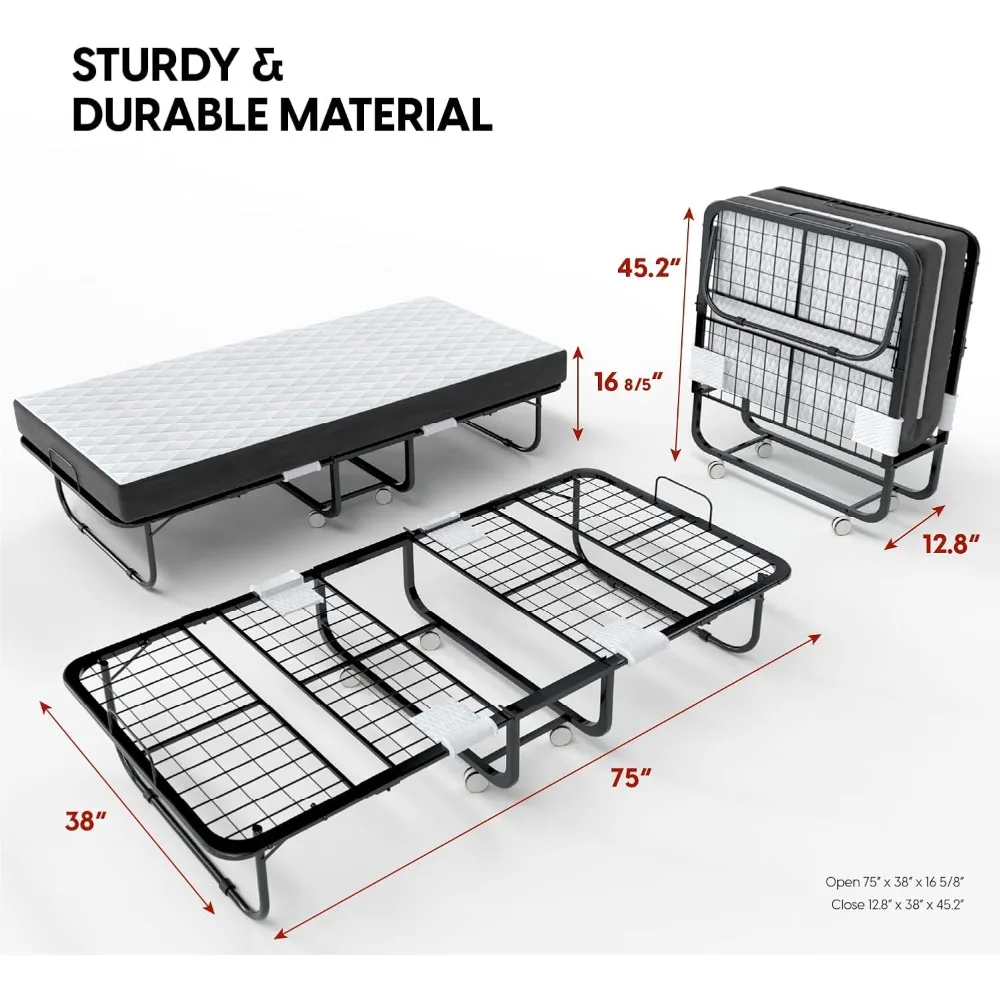 Folding Bed with Mattress - 75x38 Twin Size Bed Frame - Portable Foldable Roll Away Adult Bed for Guest - 5-inch Thick