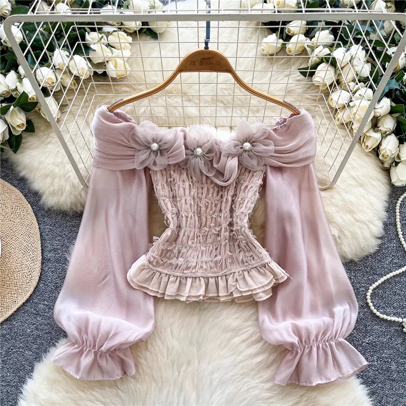 French Lolita Style Flower Slash Neck Short Slim Shirt Strapless Off Shoulder Flare Sleeve Blouse New 2026 Spring White Pink Top