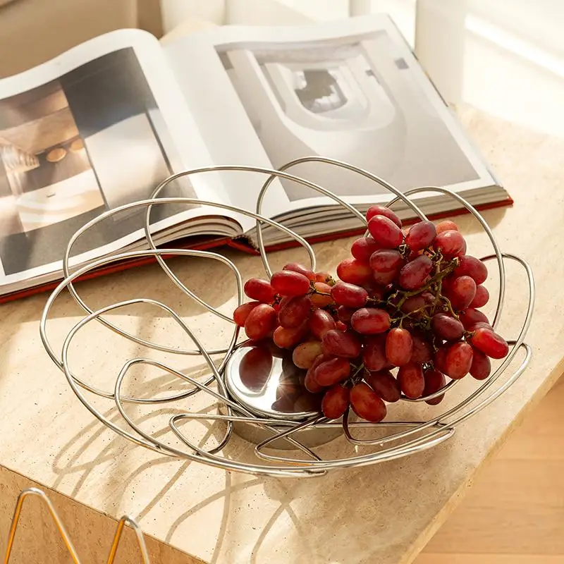 

Simple stainless steel household living room coffee table round fruit basket European style entrepreneurial fruit plate storage