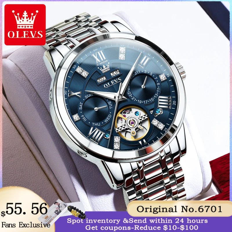 Olevs 6701 relógio mecânico automático masculino original marca superior calendário aço inoxidável à prova dwaterproof água relógio masculino relogios masculinos