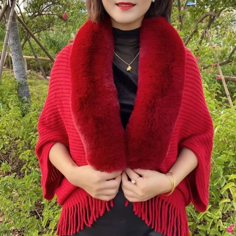 Autumn Tassel Cloak Shawl Women Elegant Ladies Pure Color Knitted Cardigan Warm Winter Faux Fur Collar for Daily Wear