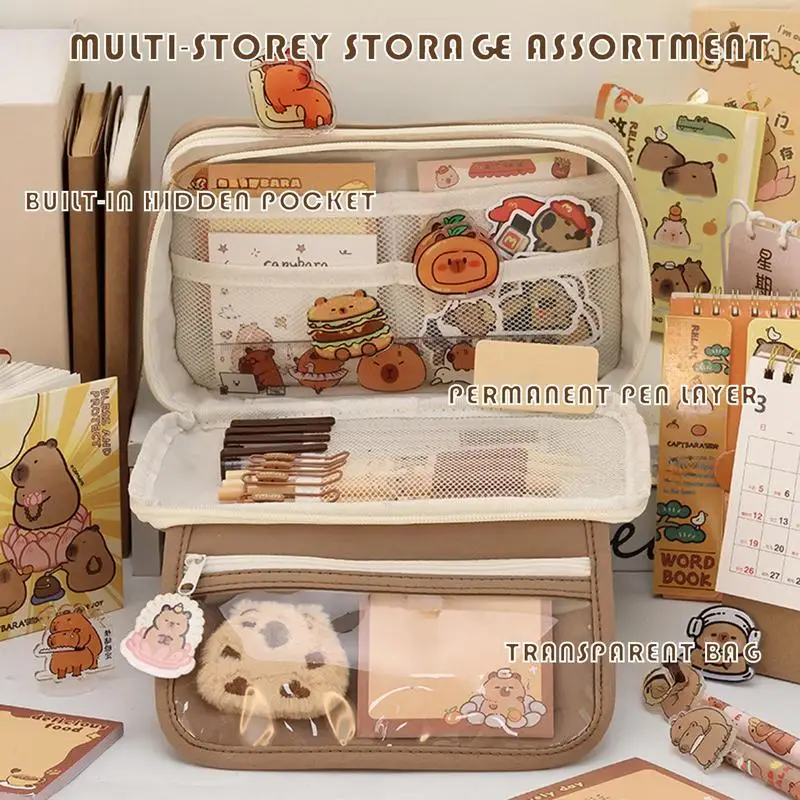 Cartoon Animal Pencil Case, Cute Transparent Capybara Pencil Case, Multi-Layer Pencil Case