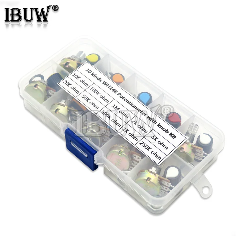 WH148 Potentiometer Kit B1K 2K 5K 10K 20K 50K 100K 500K 1M 15mm Linear Taper Rotary Potentiometer Resistor Set 3pin With Cap