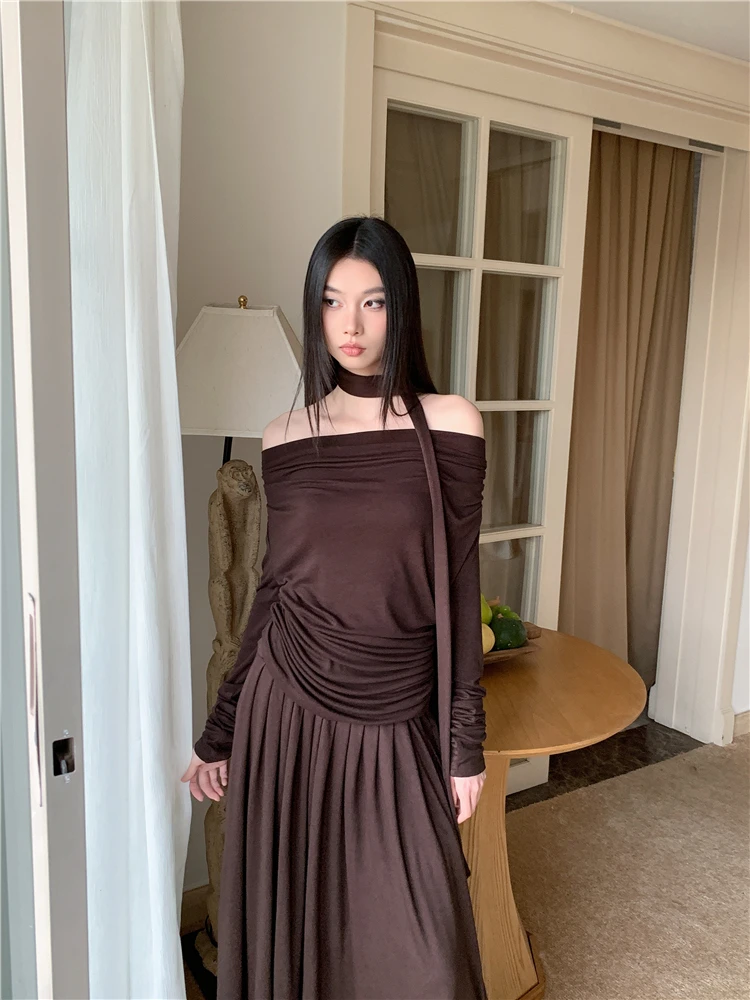 CHEERART Brown Knitted 2 Piece Sets Women Outfit Long Sleeve Ruched Top And Pleated Skirt Sets Winter Outfit Clothes 2024