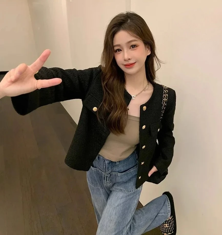 

Short Jacket Women's Spring Autumn Of The Season New Style French Style Top Short Coat Polyester Fiber round Neck