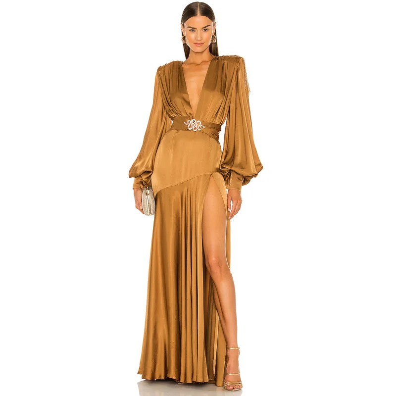 Deep V-shoulder tassel flared sleeves for high-end banquet design, elegant split hem, evening dress