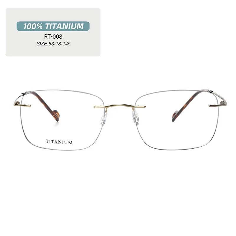 

53-18-145 Pure Titanium Rimless Glasses Frame Square for Men Customize Prescription Eyeglasses Gold Optical Frame RT-008