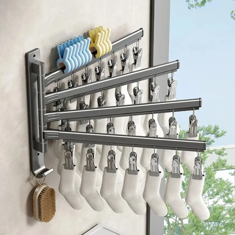 Wall Mounted Folding Sock Rack With Multiple Clips Rotatable Clothes Sock Underwear Drying Hanger Organizer For Balcony Bathroom