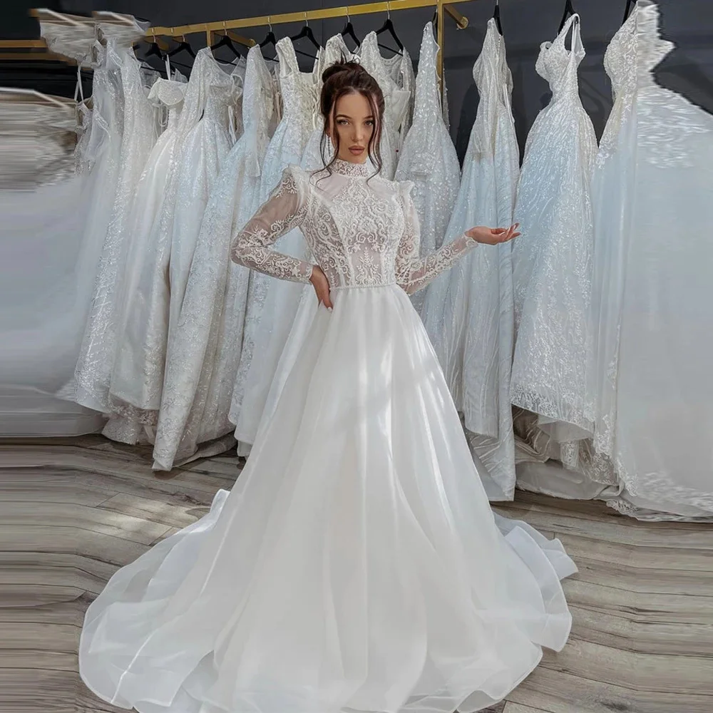 

Modest A-Line Lace Boho Wedding Dresses Long Sleeves High Neck Organza Skirt Sweep Train Bride Dress Robe de Mariage