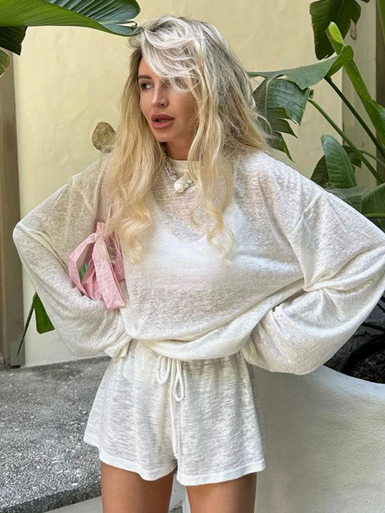 Tossy Lässiges Weißes 2-Teiliges Set Damen Sommer Loungewear Locker Sitzender Langarm-Pullover und Hochgeschnittene Shorts Strand-Outfits 2026