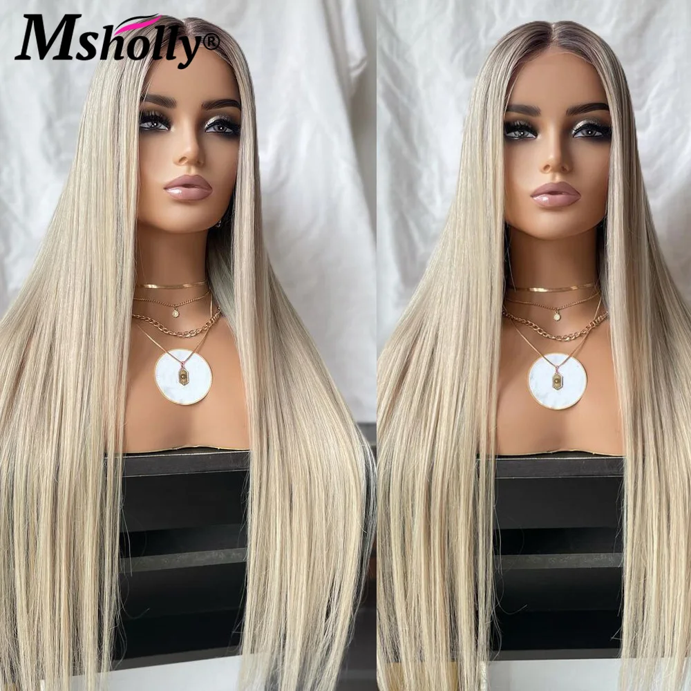 13x4 Lace Frontal Wig For Women Pre Plucked Platinum Straight Human Hair Wig 30Inches Dark Roots Transparent Lace Frontal Wigs