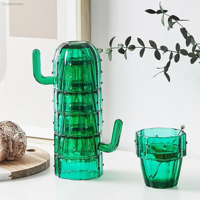 6/4PCS Creative Ins Wind Cactus Glass Female Summer Net Red Heat-resistant Tea Household Thick Water Cup Gift Box Set
