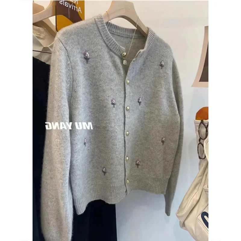 Autumn Winter Soft Wool Lazy Fashion Embroidery Slim Sweater Women\'s Clothing O-neck Casual Gray Basic Thick Knitted Cardigan