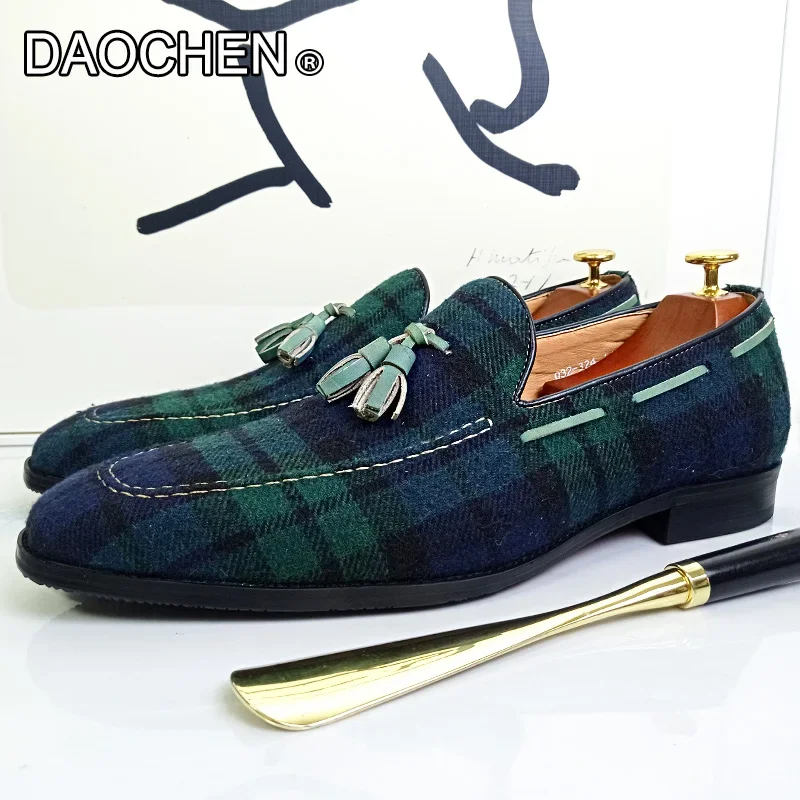 LUXURY BRAND MEN\'S LOAFERS SHOES GREEN BLACK GINGHAM TASSEL SUEDE CASUAL DRESS MAN SHOES GENUINE LEATHER LOAFERS FOR MEN