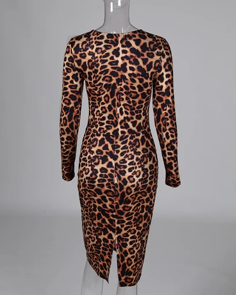 Vestido ajustado de manga larga con estampado de leopardo para mujer, Sexy, elástico