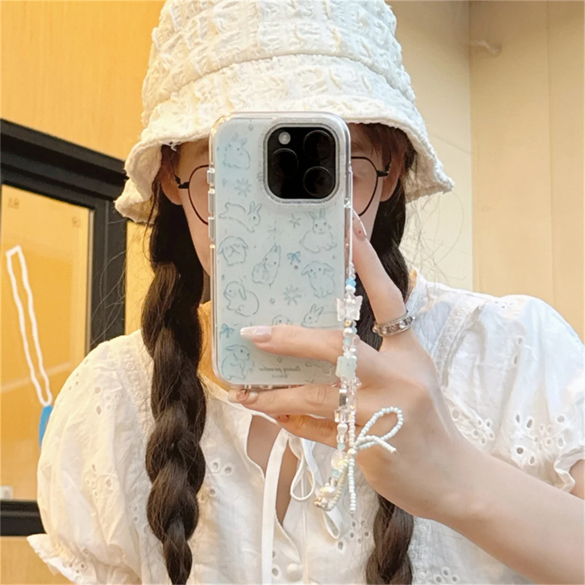 

Korean Blue Line Rabbit Painting Phone Case For iPhone 16 Pro 15 14 13 Pro Max Cover with Bow Chain Shockproof Cute Cases