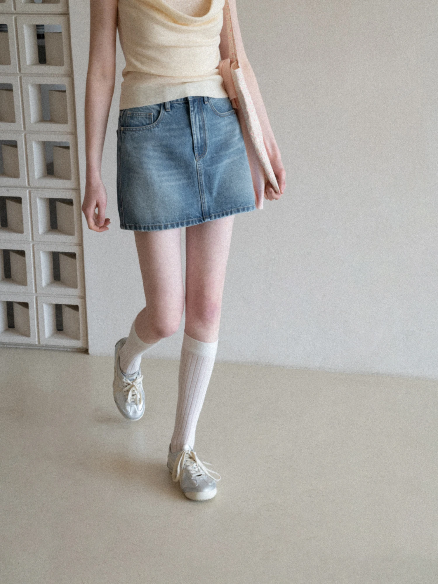 

EGGKA Retro Denim Blue A-Line Slimming ort Skirt Women's High Waist Versatile Casual Spring Cotton Skirt