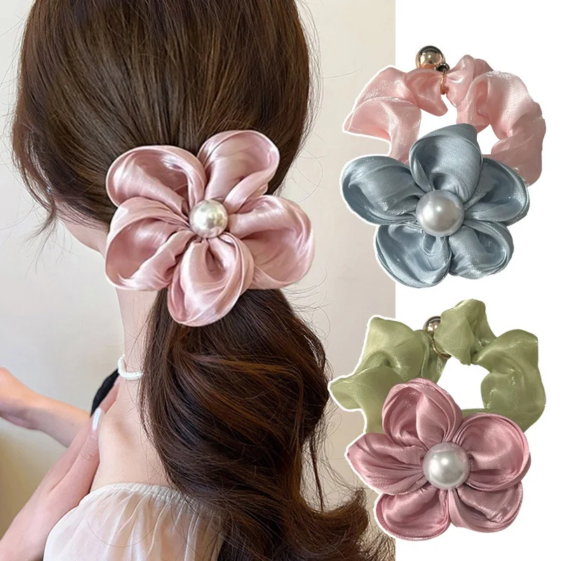 

Silk Fabric Flowers Elastic Rubber Bands Fashion Pearl Hair Ties Scrunchies Ponytail Holder Sweet Head Ropes Hair Accessories