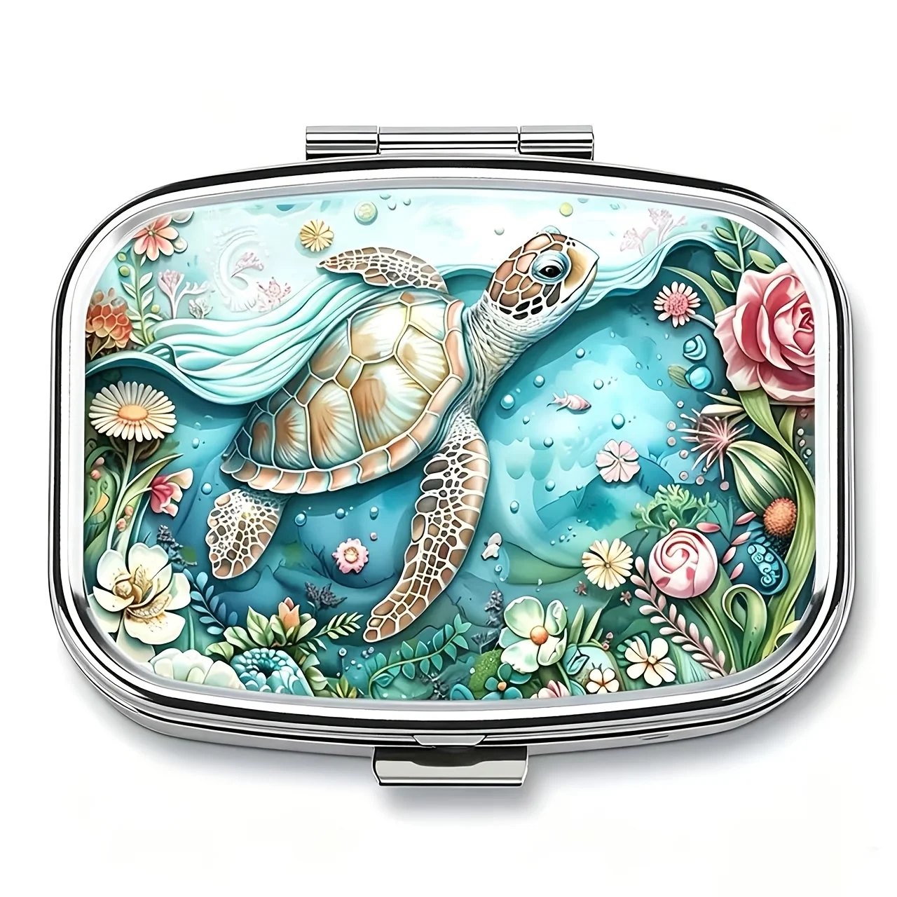 Ocean Turtle Print Mini Pill Box, Double Compartment Metal Pill Organizer, Portable Floral Underwater Style Pill Case, Suitable for Vitamins and Supplements, Cute and Unique Travel Pill Box