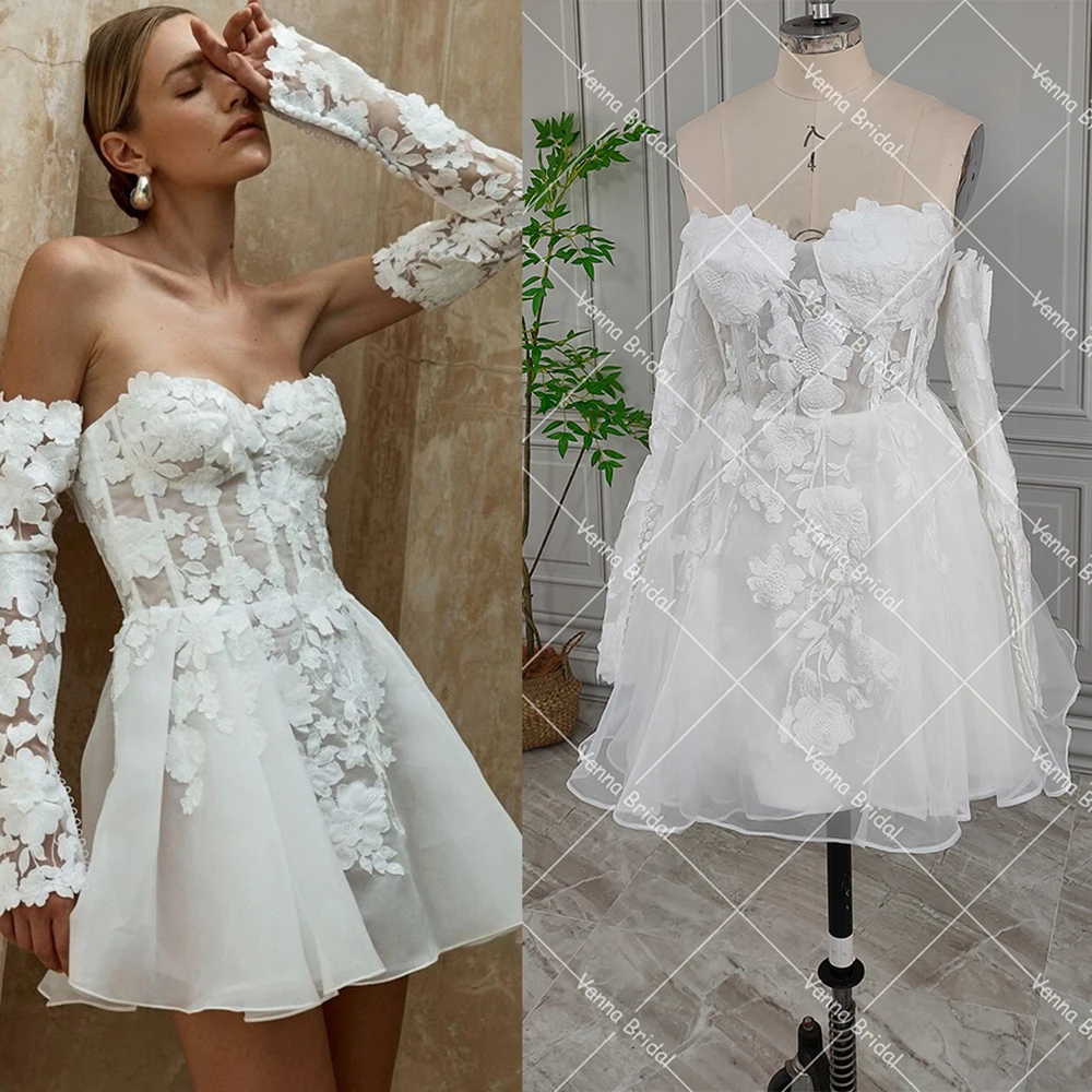 Robe de mariée brodée à manches longues au-dessus du genou, mini chérie personnalisée, organza, bustier à désosser, tenue de patient courte