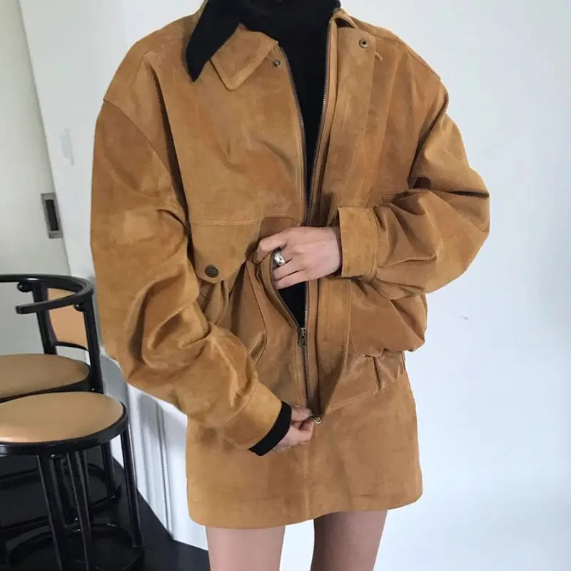 Conjunto De 2 Piezas Para Mujer Casual Retro Suit Women's Lapel Loose Long-sleeved Jacket A-line Skirt Women's leather jacket