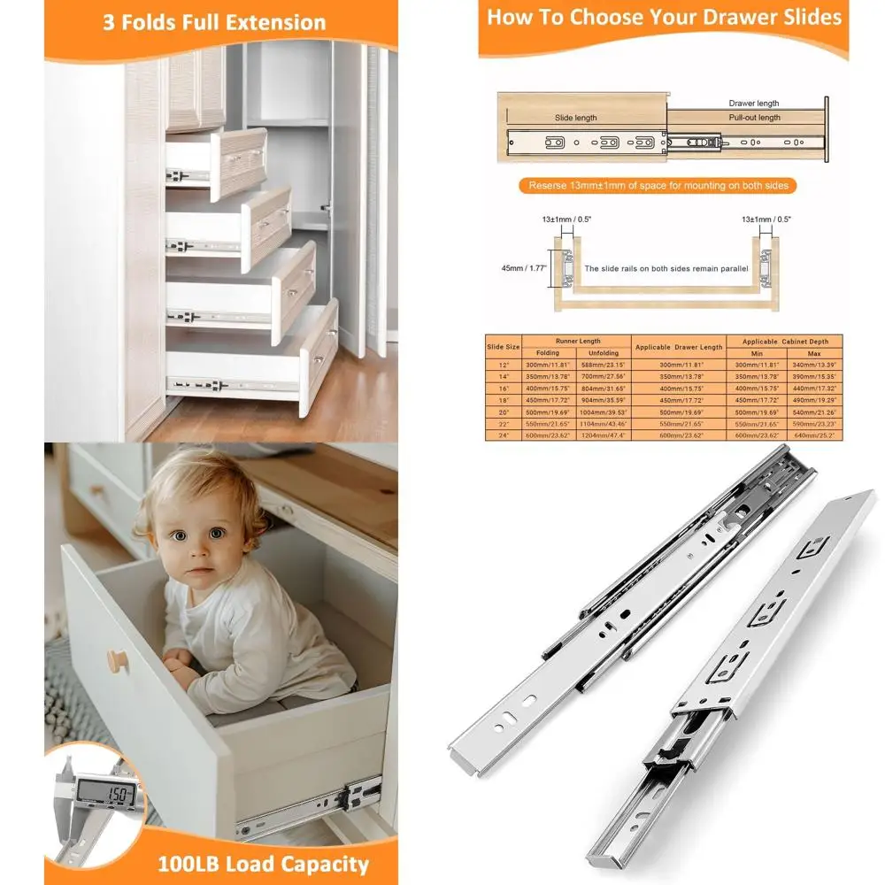 

22-дюймовые двойные направляющие с шарикоподшипниками, боковое крепление, грузоподъемность 100 фунтов, 3-позиционное выдвижение