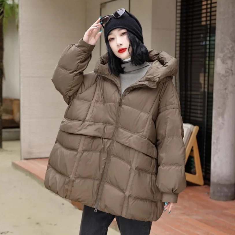 2025, Winter europäische Damen-Daunenjacke, Pendler-Kapuze, warme High-Street-Jacke