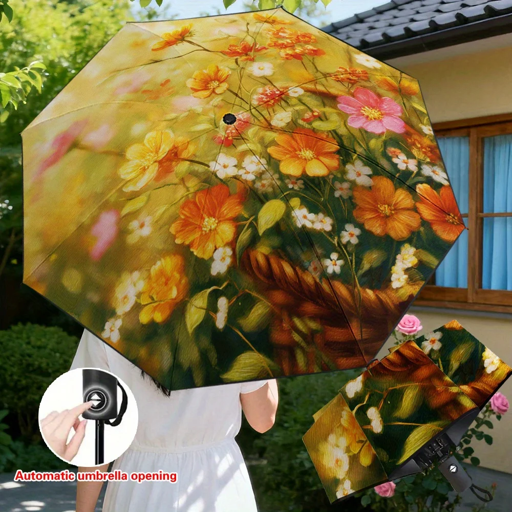 

1pc Women's Automatic Umbrella with Self-Opening Button, 8-Rib Heavy-Duty Frame & -Inspired Cherry Blossom/Gardenia Floral Pri