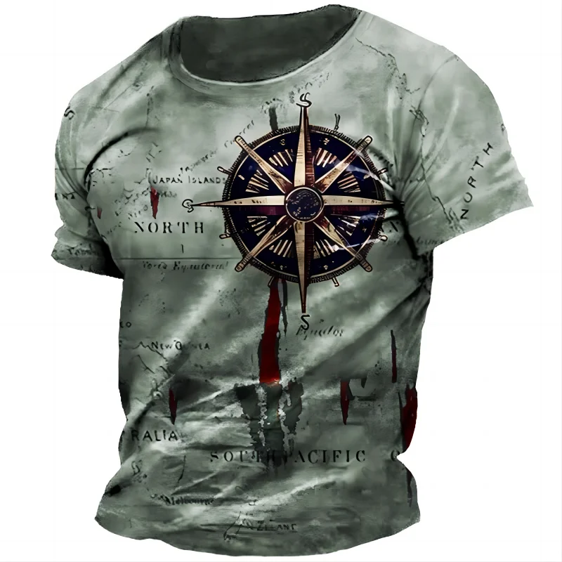 Vintage Men Clothing Nautical Map Compass Graphic T Shirts Summer Daily Loose Short Sleeve Casual Tees Unisex Clothing Apparel