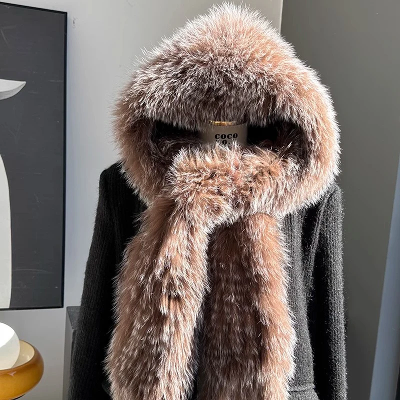 Echte Fuchsfell-Schneemütze, Schal und integrierte Mütze, warm und hochwertig, Zobel, doppelseitig verdickter Plüsch, Ohrenschutzkappe – Detail 40
