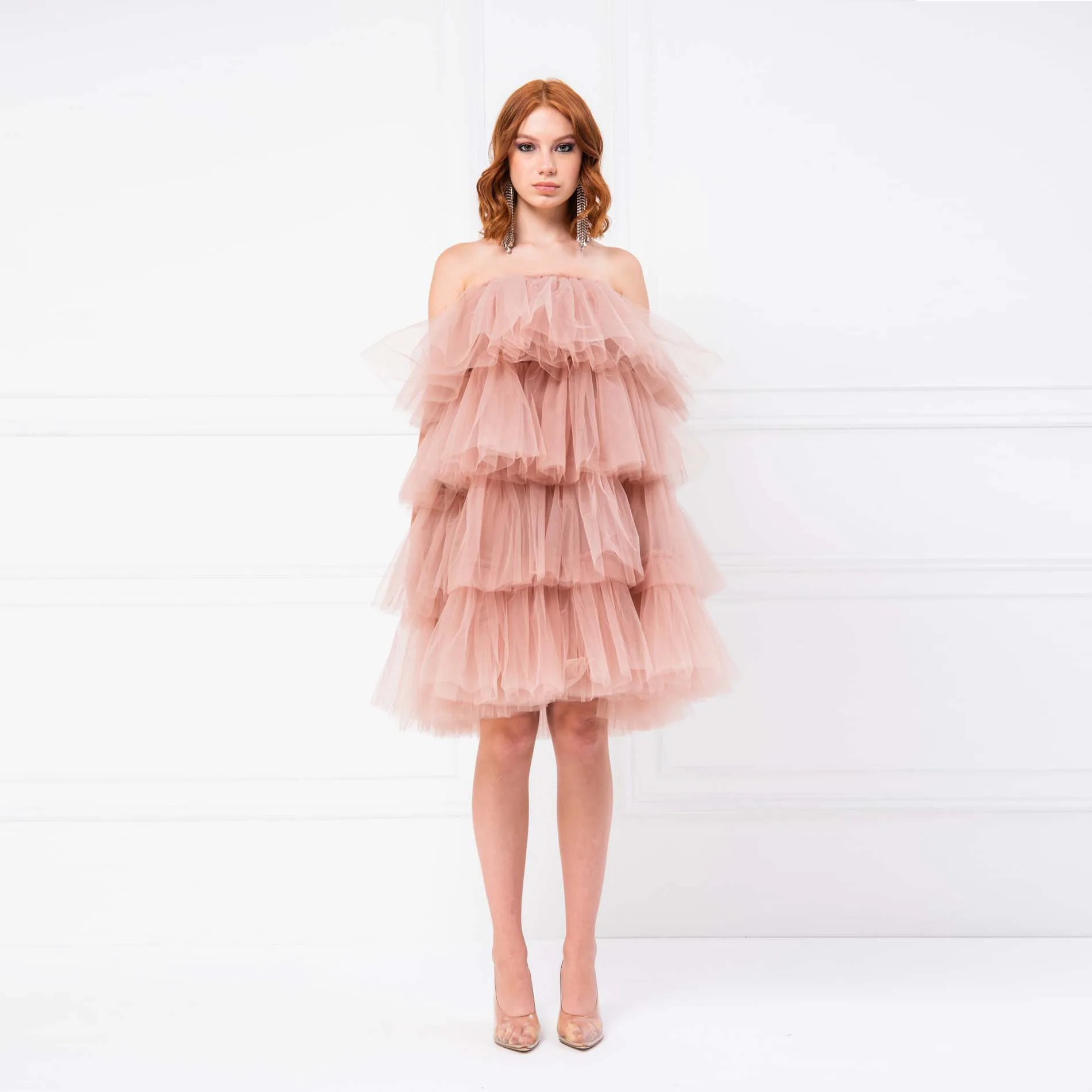 

Dusty Pink Short Prom Dresses Off Shoulder vestido de curto New Fashion Party Dress Cocktail Gowns Layered Lush Pleated