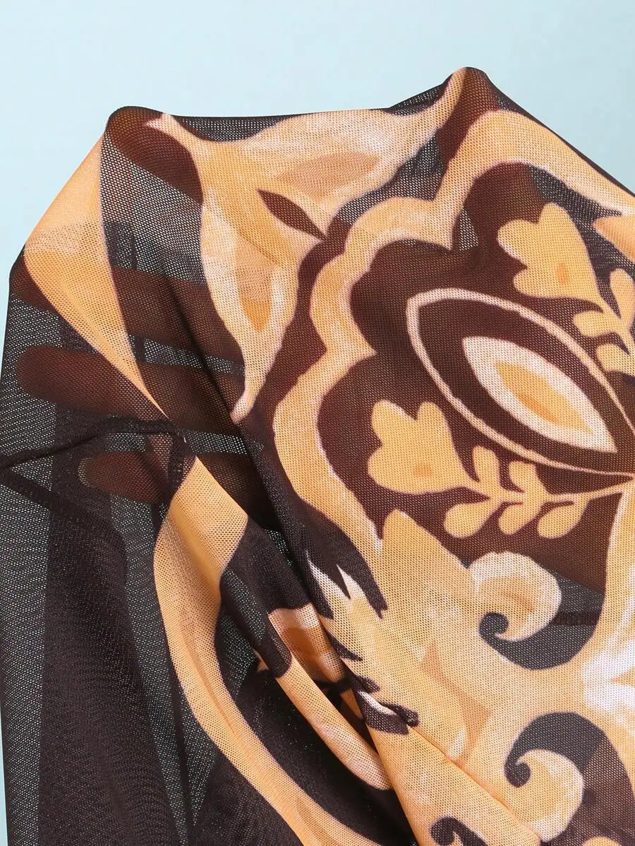 Women Printed One-Piece Swimsuit With Skirt And Mesh Pants Beach Resort Outfit Summer