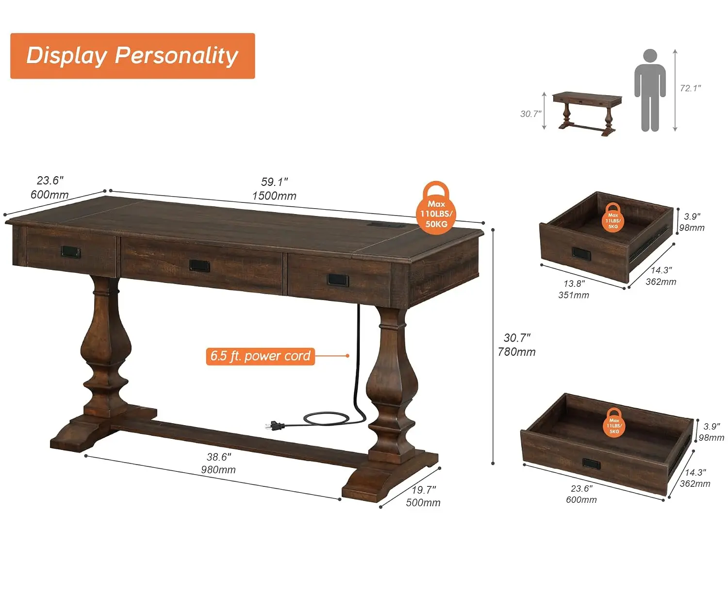 Vintage Farmhouse Desk with Charging Station & 3 Deep Drawers, 60-inch, Customized