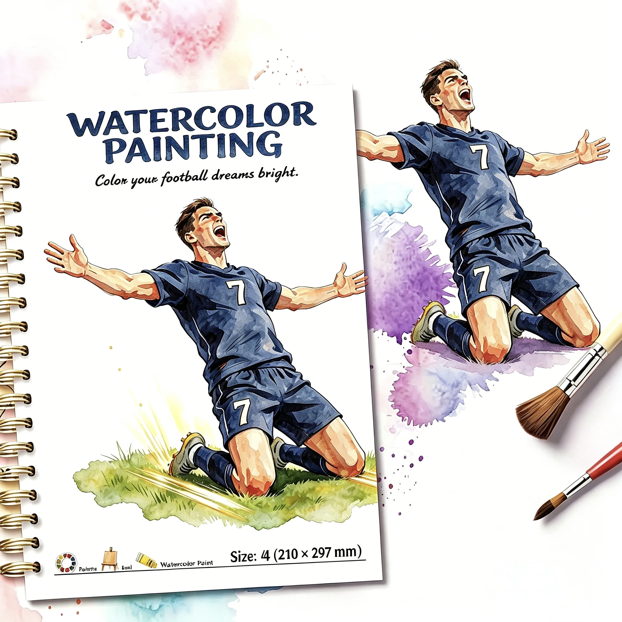 

Spiral Bound A4 Football Themed Watercolor Sketchbook, 180gsm Thick Paper, 12 Soccer Player Illustrations Practice Book for Begi