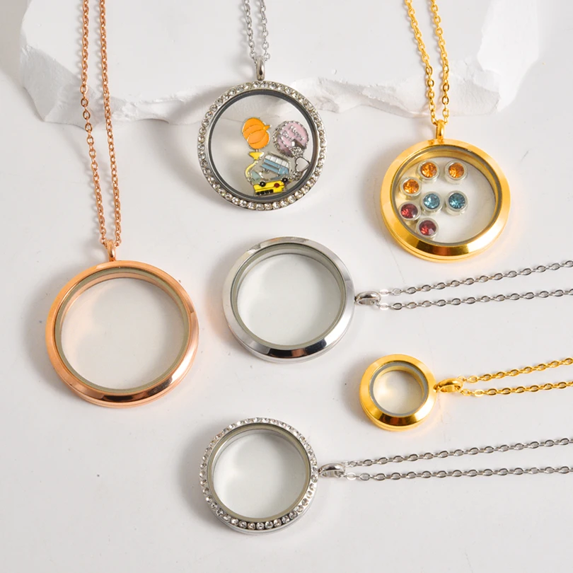 1Pc Stainless Steel Openable Glass Medaillon Coin Holder Collar Jewelry Round Reliquary Photo Floating Locket Pendant Necklaces