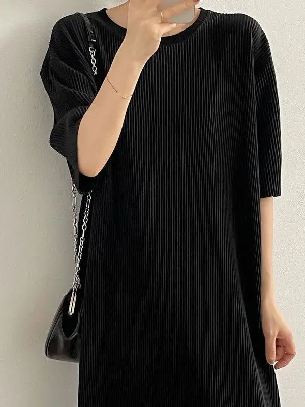 Extra Large Size 300 Pounds Women's Summer Thin Straight Skirt Dress Pleated Draped Loose Fit Korean Style Casual Long Dress