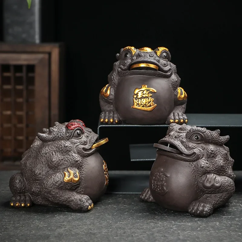 

Бытовые фиолетовые глиняные украшения для чая для домашних животных, питающие удачу, чайный сервиз с золотой жабой, чайный игровой столик, товары ручной работы, привлекают