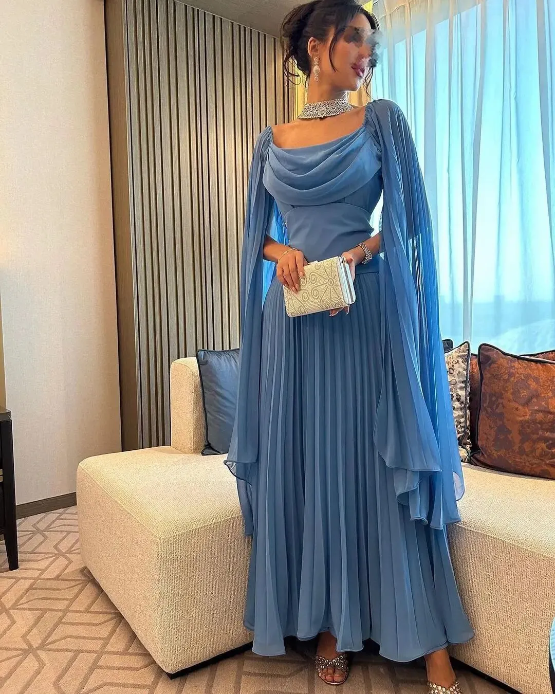 Blue Party Prom Dress Square Neckline Chiffon Long Sleeves Evening Dresses Saudi Arabia Women's Formal Vestido فساتين الحفلات