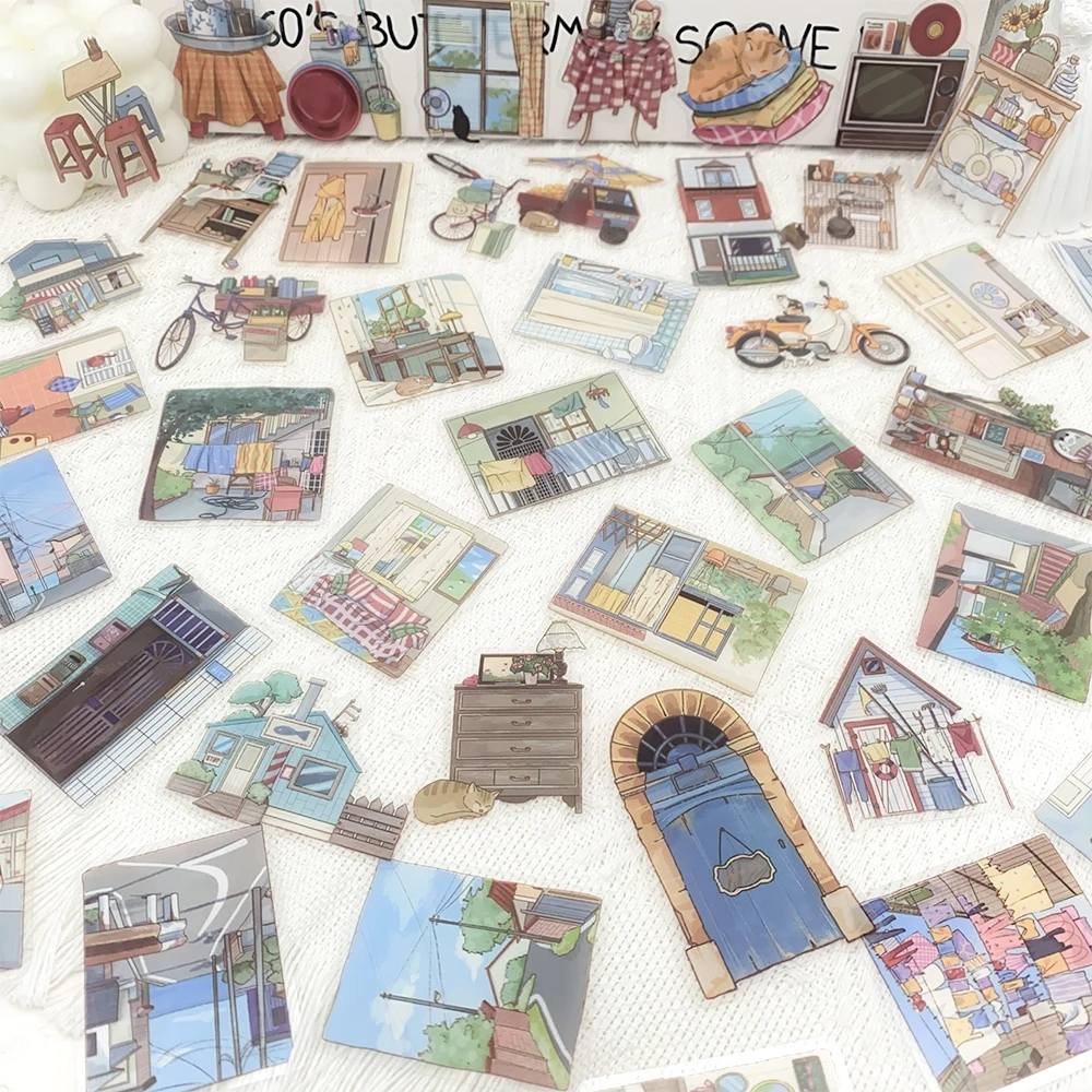50 Stück Alley Houses transparente PET-Aufkleber für Laptop, Notebook, Koffer, Skateboard, DIY, ästhetische wasserdichte Aufkleber – Detail 12