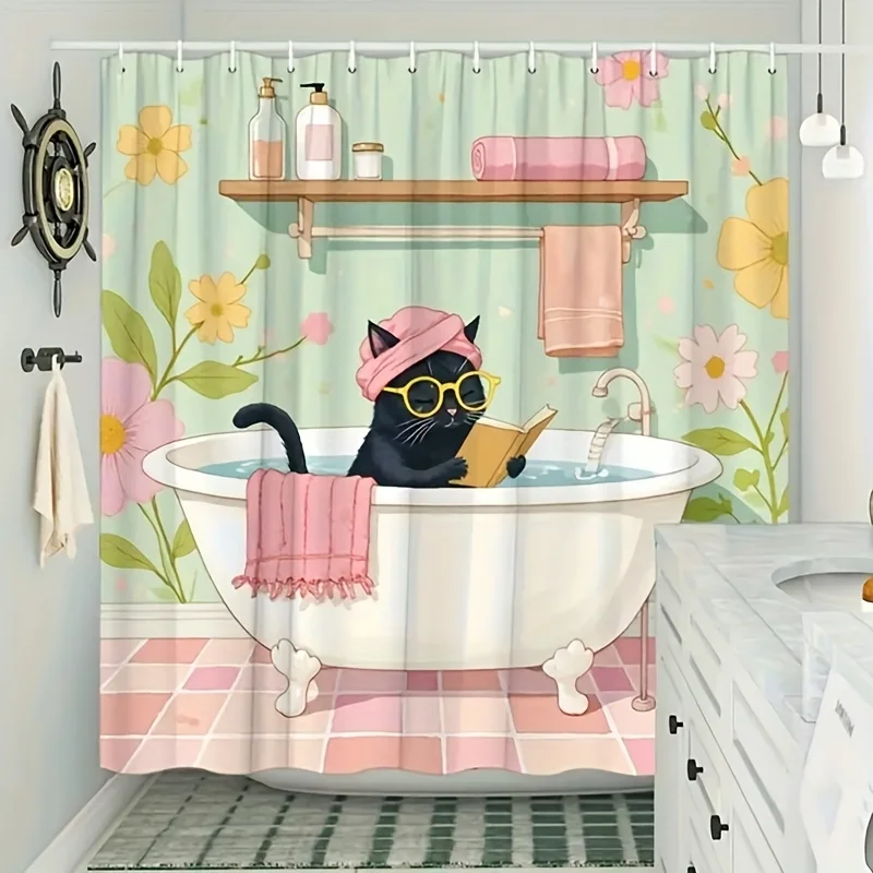 2D Flat Print 1pc Comfortable Cat Bathroom Shower Curtain with Black Glasses, Includes 12 Hooks, 180.34x180.34 cm, Durable Windo view 2
