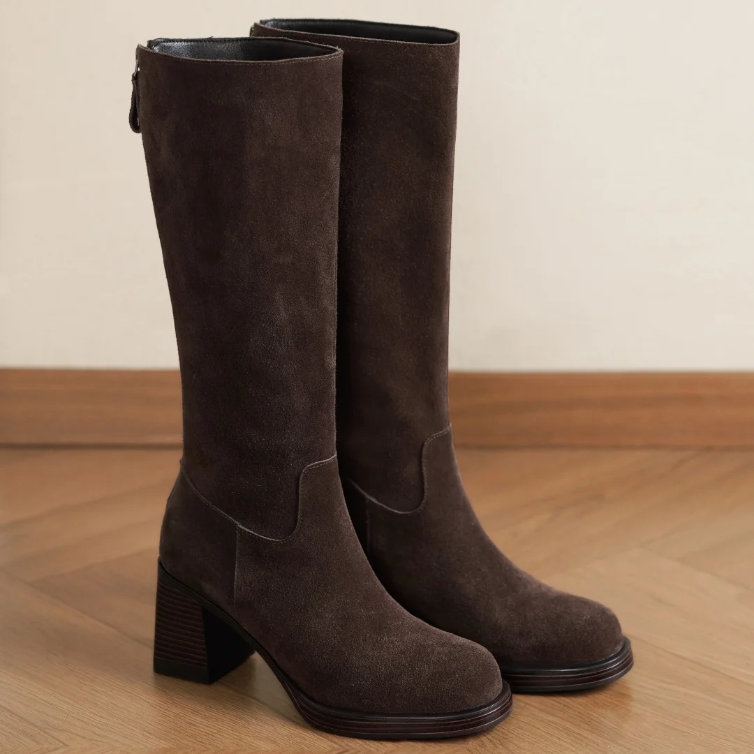المرأة جلد الغزال الطبيعي جولة تو الظهر البريدي الخريف حذاء برقبة للركبة 7.5 سنتيمتر كعب مكتنز منصة أنيقة السيدات أحذية طويلة الساخن #3