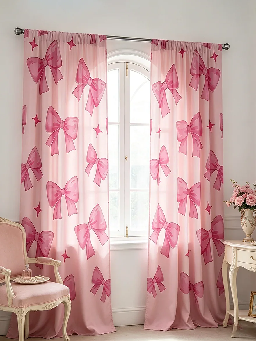 2PCS Pink Bow Print Curtains, Cute Kawaii Bowknot Sparkle Star Window Drapes for Girls Bedroom Living Room Home Decor
