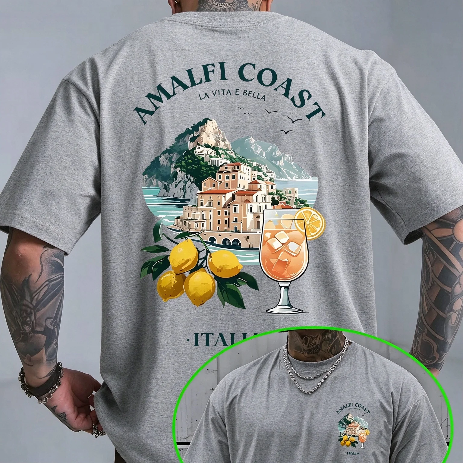 2026 Men Amalfi Coast Inspired Print T-shirt, 100% Cotton Vacation Tee, Breathable Short Sleeve Casual Beach Streetwear Tops