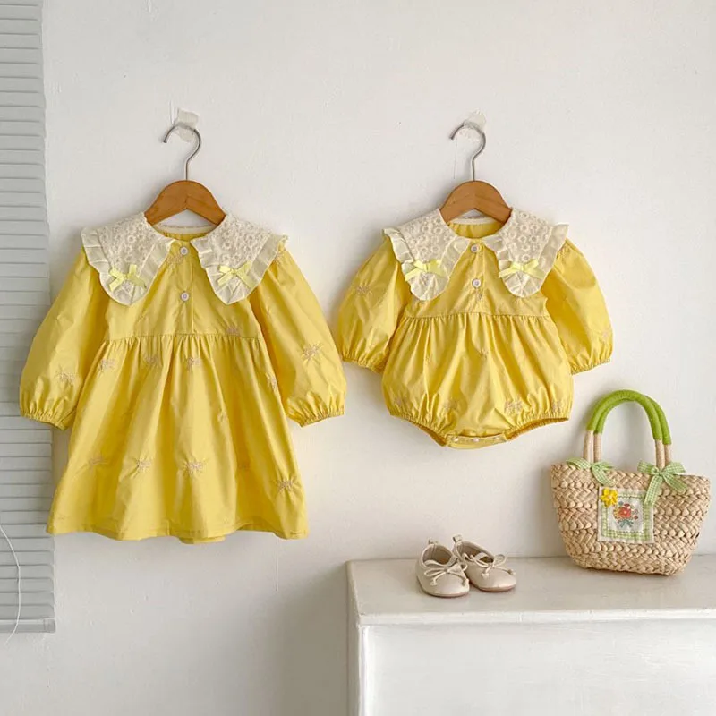 

2025 Spring Autumn Korean Style Baby Girls Sister Outfit Set Bow Embroidery Long Sleeve Dress + Romper for Infant 0-24 Months
