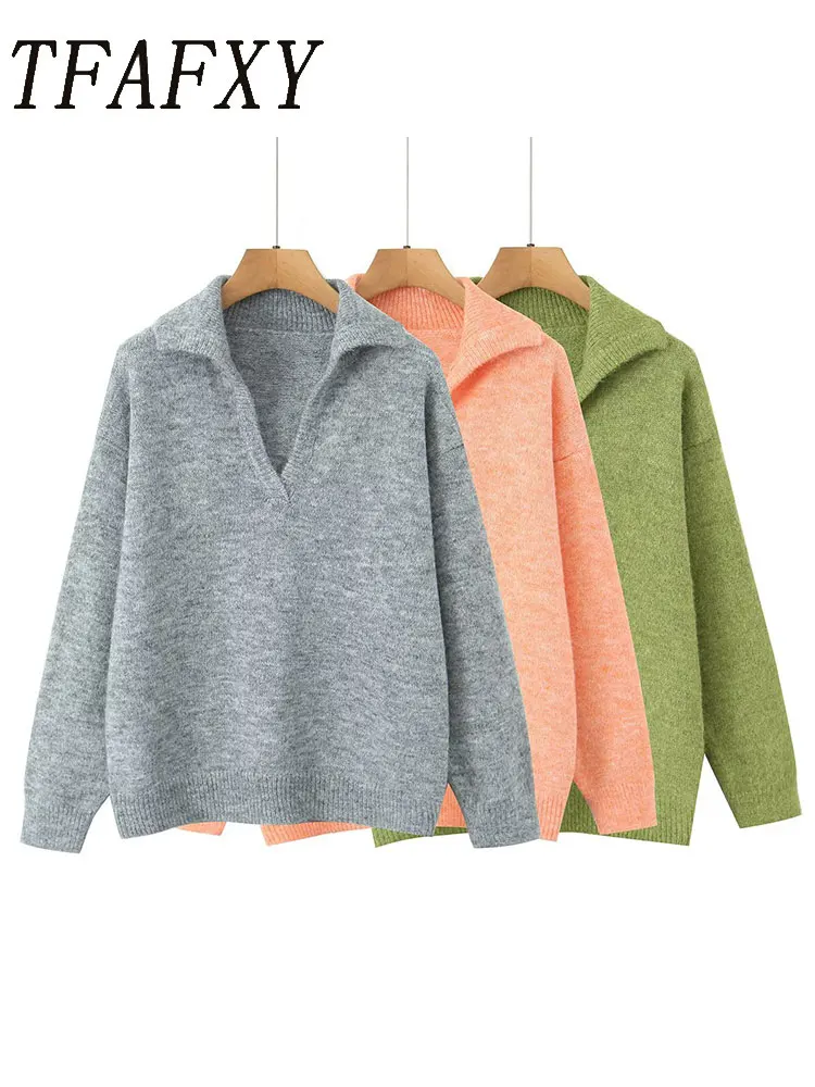 เสื้อสเวตเตอร์ถักลำลองผู้หญิง TFAFXY รุ่นหลวมๆ ปี 2026 แขนยาว คอปกโปโล ทรงโอเวอร์ไซส์ เสื้อกันหนาวผู้หญิง อุ่นสบาย สไตล์ Y2K