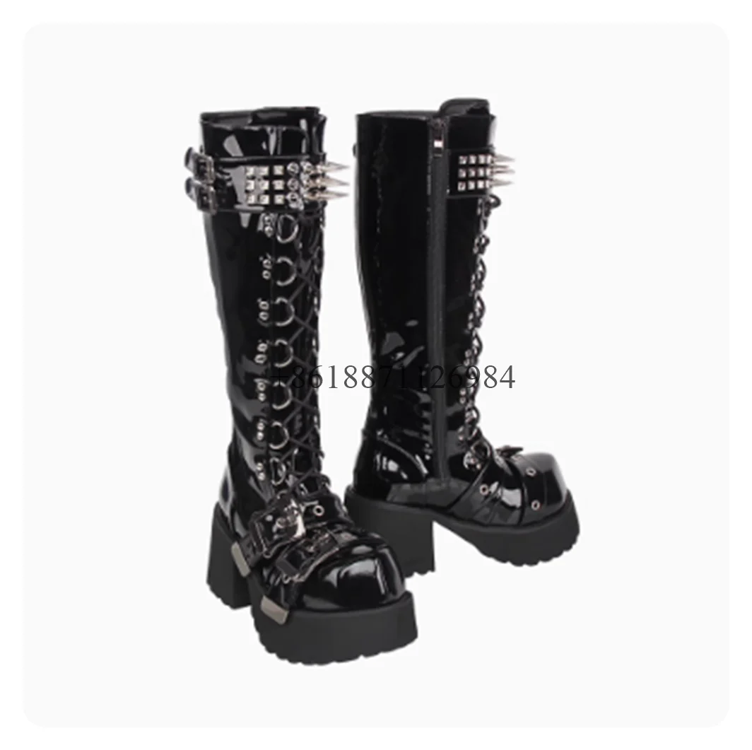 Patent Leather Round Toe Knee-High Women Boots With Rivet Chunky High Heels Lace Up Design Large Size Customized Color Shoes