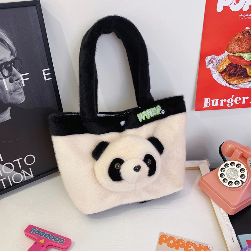 

1Pcs New Cute Panda Handbag For Women Autumn Winter Plush Totes Bag Kawaii 3D Panda Head Shoulder Bag Commuting Shopping Bag