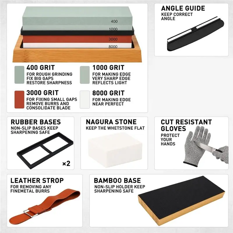 N96R Knife Sharpener Kit- 10-Piece Knife Sharpening Stone Set,4-Side 400/1000 3000/8000 Grit Whetstones